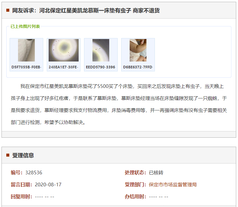 保定红星美凯龙慕斯一床垫有虫子 商家不退货