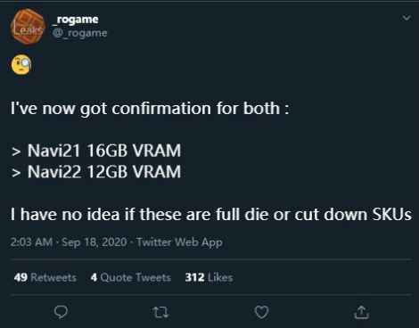 amdrx6000系显卡参数曝光 Navi21 GPU将配备16GB显存