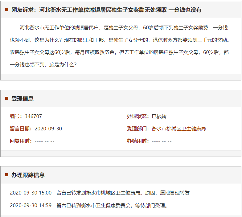 衡水无工作单位城镇居民独生子女奖励无处领取