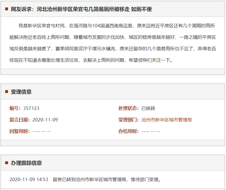 沧州新华区荣官屯几简易厕所被移走 如厕不便