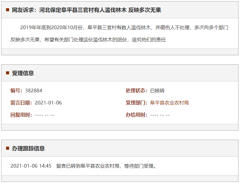 保定阜平县三官村有人滥伐林木 反映多次无果