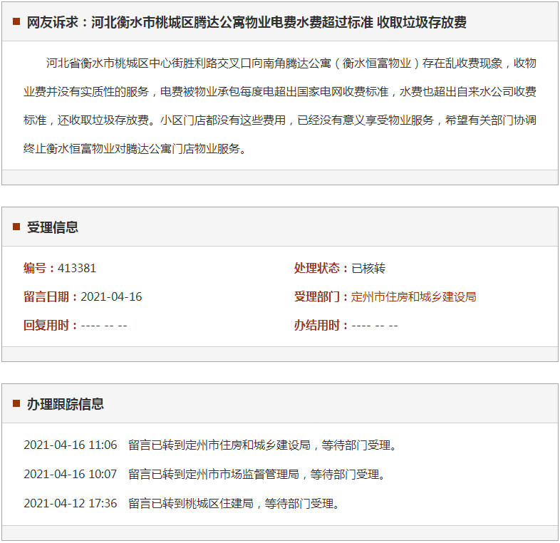 衡水市桃城区腾达公寓物业电费水费超过标准 收取垃圾存放费